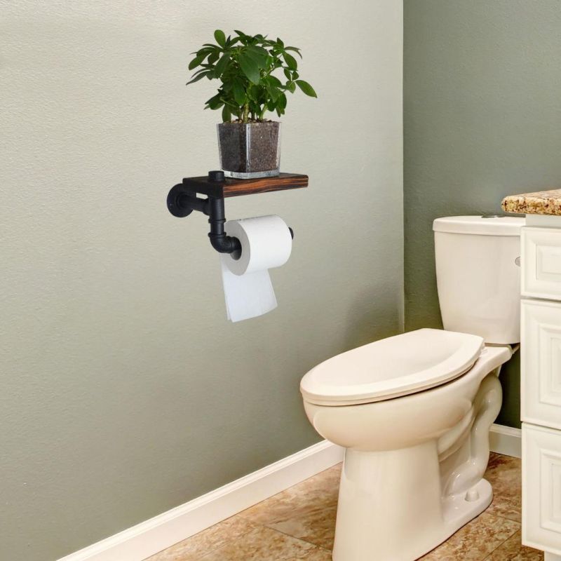 Industrial Steel Pipe Toilet Paper Holder with Rustic Shelf Rustic Wood Shelf Toilet Seat Paper Holder