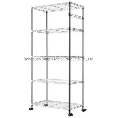 5-Tier Shelf Wire Shelving Racks with Casters Hooks Steel Storage Shelf Rack