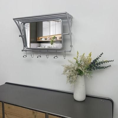 Large Rectangle Silver Metal Framed Wall Mirror with Shelf and Towel Rack for Bathroom Decor