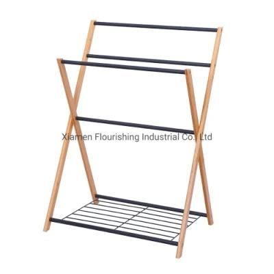4-Tier Multifunctional Household Room Bamboo Standing Ladder Storage Shelf Towel Rack