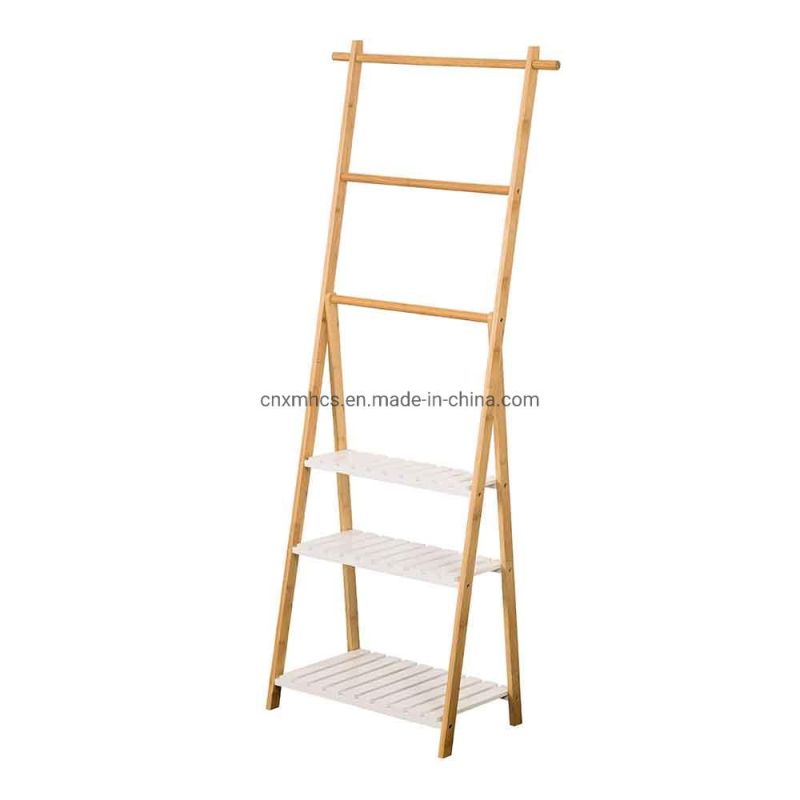Wholesale Foldable Bamboo Free-Standing Towel Rack, Bathroom Shelf, Bamboo Blanket Ladder with 3 Shelves 3 Rails, Wooden Towel Holder