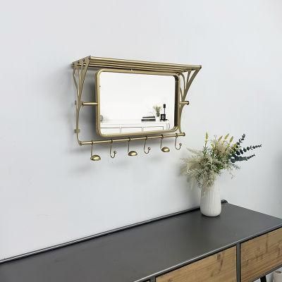 Large Rectangle Golden Metal Framed Wall Mirror with Shelf and Towel Rack for Bathroom Decor