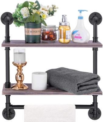 2 Layer Industrial Pipe Wood Shelf, Rustic Wall Mounted Shelving with Towel Bar Rack for Bathroom for Kitchen