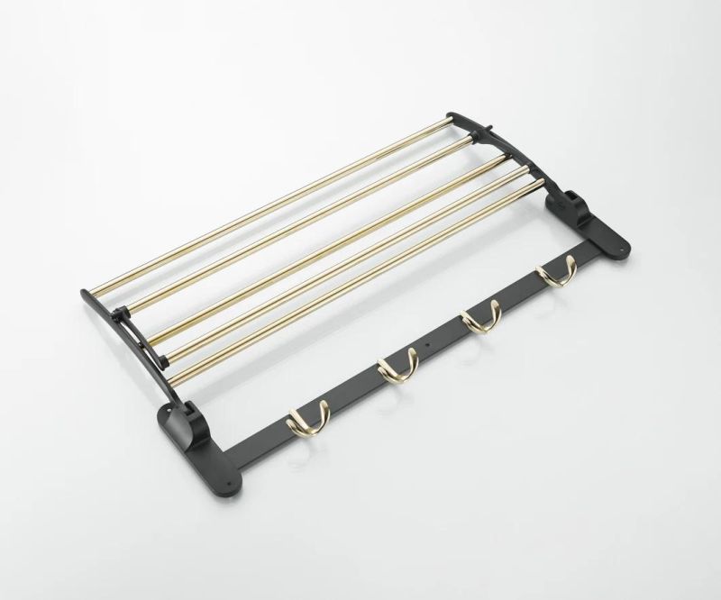 Nail Free Foldable Brass Bath Towel Rack Active Bathroom Towel Holder Shelf with Hooks Bathroom Accessories