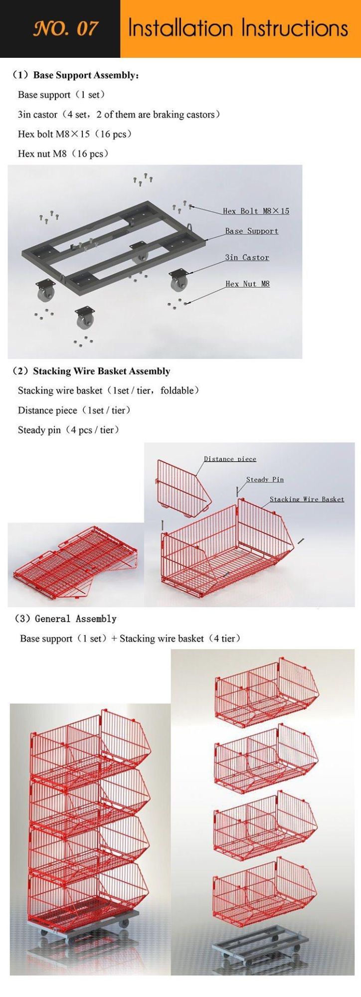 Wire Stackable Basket Stand Rack for Storage with Wheels