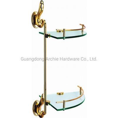Luxury Zinc Alloy Golden Bathroom Sanitary Double Triangle Corner Glass Rack