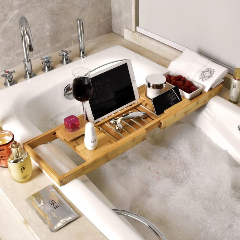 Bathroom Bath Accessories Suction Cup Shower Caddy, Timber Bathtub Caddy with Wine Glass Holder