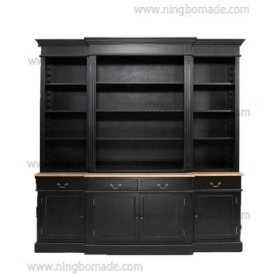 Antique Nordic Classic Furniture Natural and Black Solid Wood Four Doors Four Drawers Upper and Lower Bookcase