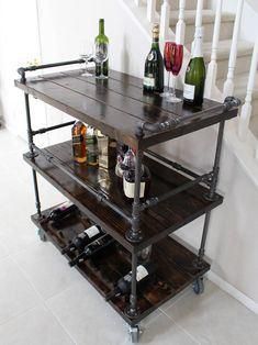 Bar Cart Cast Iron 2 Tier Shelf on Wheels Food Wine Plant