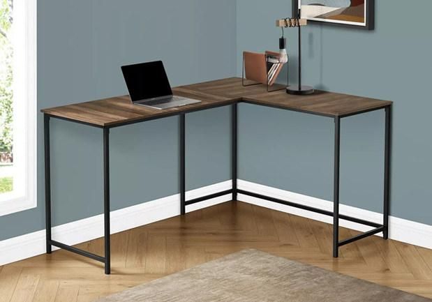 Simple L Shape Computer Desk Work Form Desk Steel Tube Frame and Wood Home Office Home Job PC Desk Modern with Shelf 150kgs 15mm