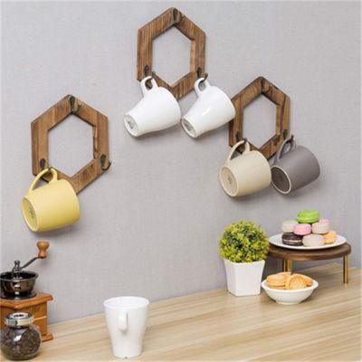 Rustic Brown Torched Wood Geometric Hexagon Wall Mounted Coffee Mug Cups Holder Storage Hanging Rack