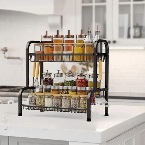 Kitchen Storage Holder Metal Spice Rack with Hooks 3 Tier