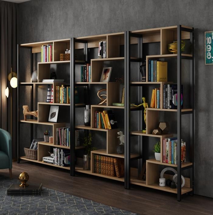 Simple Multi-Layer Steel and Wood Shelf Office Display Shelf Bookcase