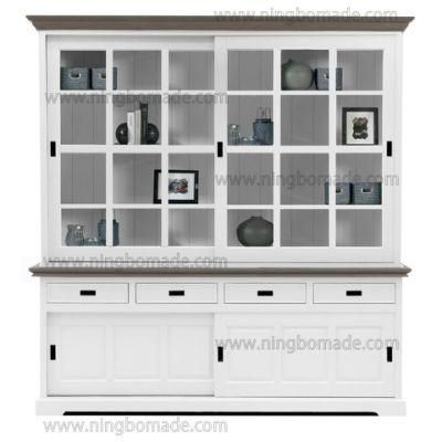 Romantic Rural Interior Furniture Grey Oak Top White Poplar Wood Base Big Moving Doors Bookcase