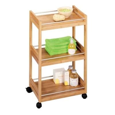 Eco-Friendly Bamboo Wood Wheeled Kitchen Storage Serving Trolley Rolling Cart Rack Shelf with Casters Wheels
