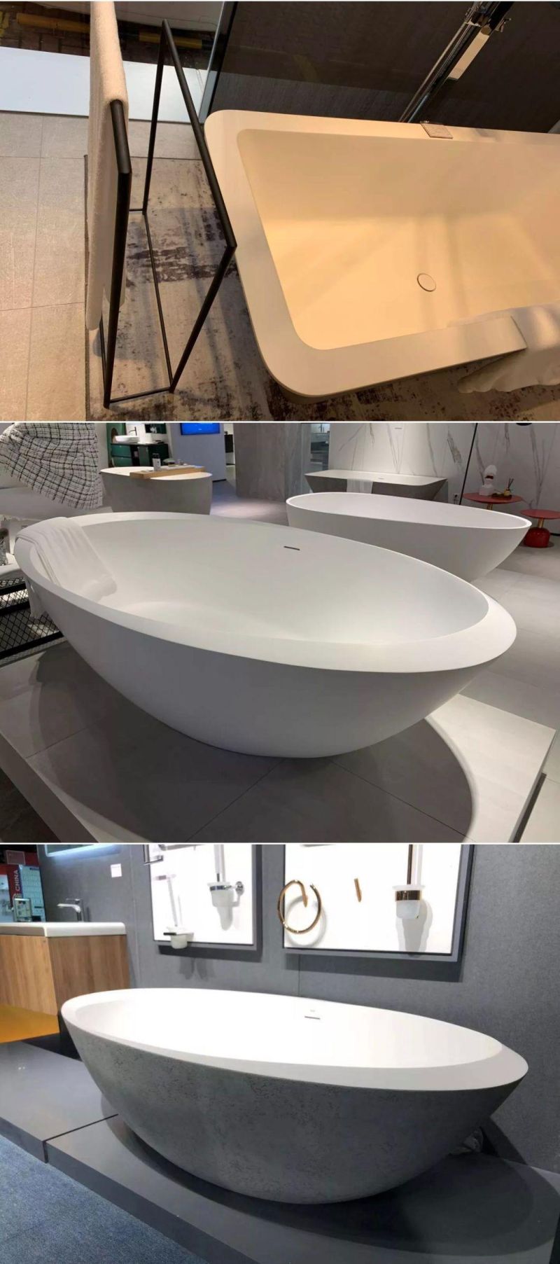 ORTONBATH New Design Large Adult Bathroom Tub Solid Surface Bathtub Soaking Free Standing Freestanding Bathtub with Towel Rack Shelf