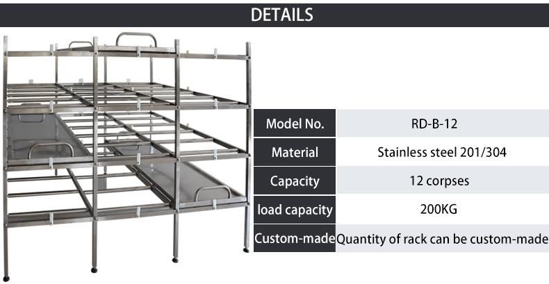 Roundfin 304 Stainless Steel Cadaver Cremation Shelf 2/3/4/12 Layer Morgue Rack & Body Tray System