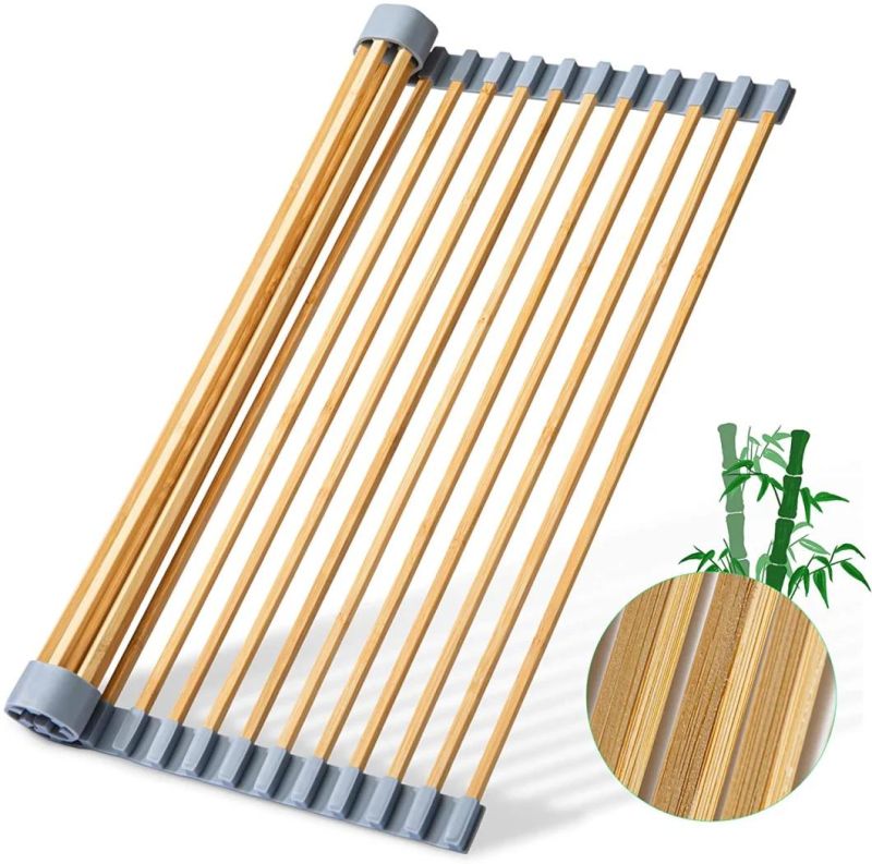 Freshmage Roll up Dish Drying Rack, Bamboo Foldable Dish Drying Rack Over The Sink Dish Drying Rack Kitchen Gadgets for Air-Drying Fruits, Vegetables, Bowls