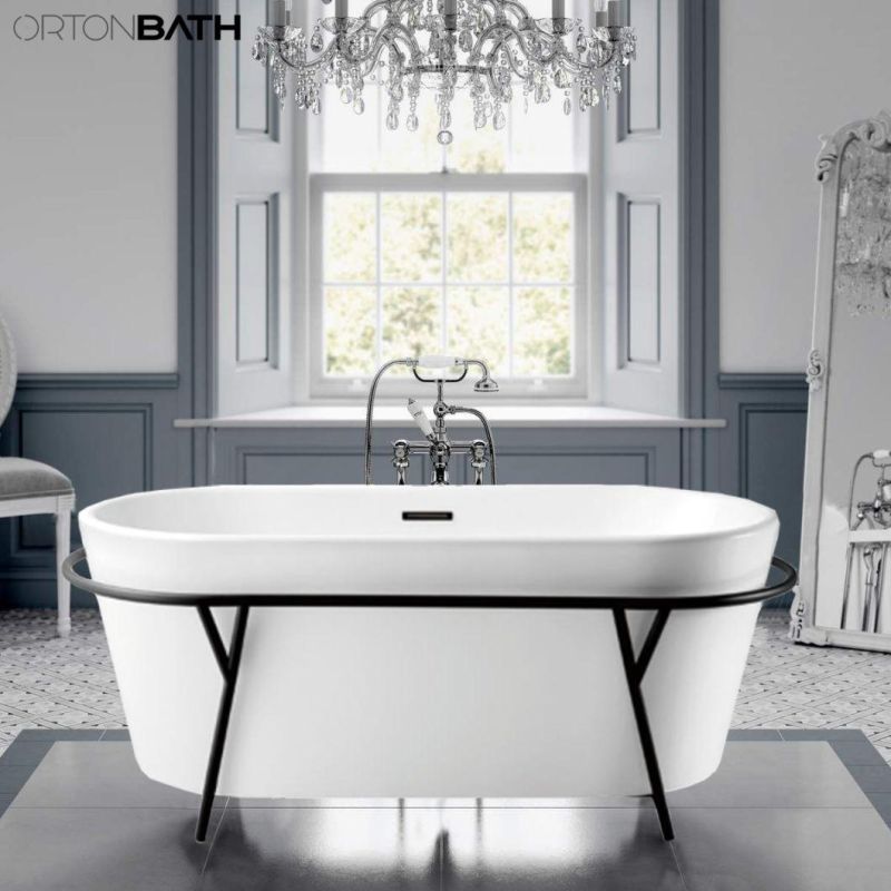 Ortonbath Adult Acrylic Freestanding Hot Swim SPA Bathtub Bath Tub Freestanding Plastic Sanitary Ware Bathtub with Black Shelf Rack