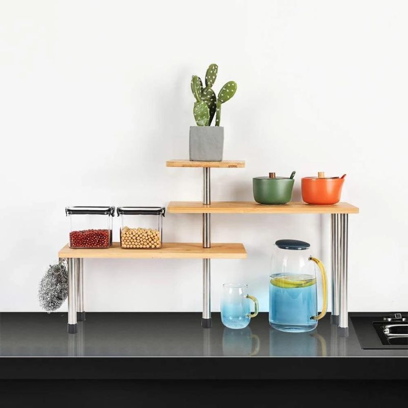 3 Tier Corner Shelf Kitchen Spice Rack with Hooks, Adjustable Bamboo Space Saving Cabinet Organizer Display Shelves, Freestanding Countertop Storage Rack