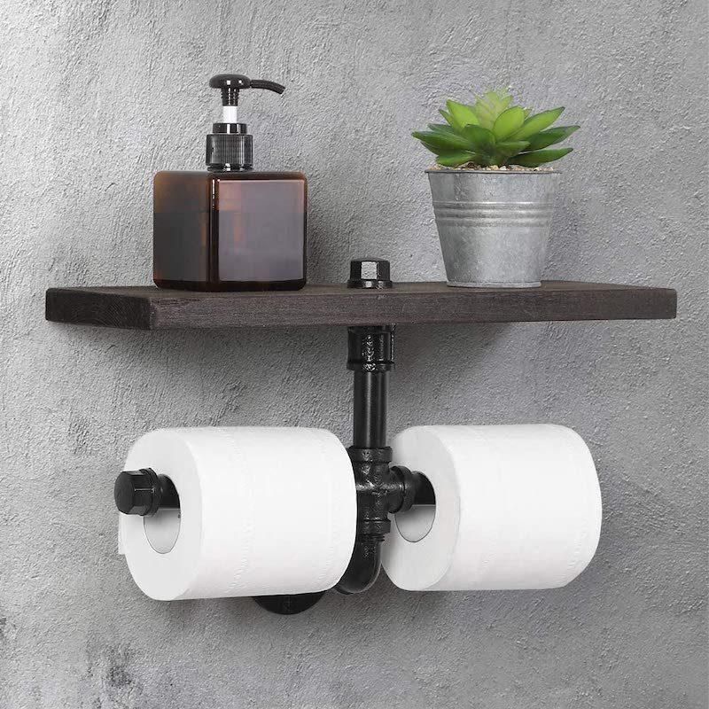 Rustic Pipe Wooden Shelf Industrial Hardware Toilet Tissue Bathroom Rack