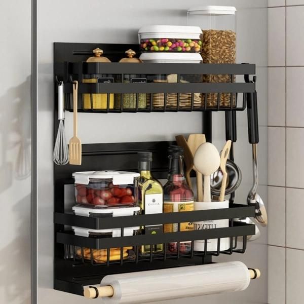 Magnetic Spice Rack for Refrigerator 4-Tier Shelf with Paper Towel Roll Holder
