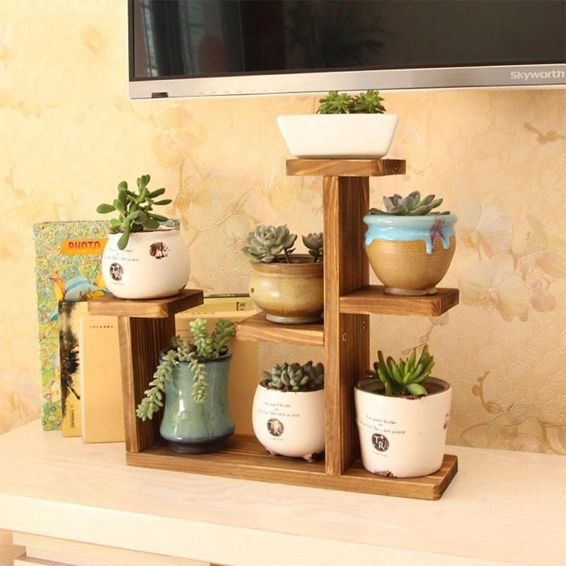 Decorative Wholesale Simple Bamboo Plant Pot Shelves, Storage Organizer, Display Rack, Living Room Wood Flower Stand