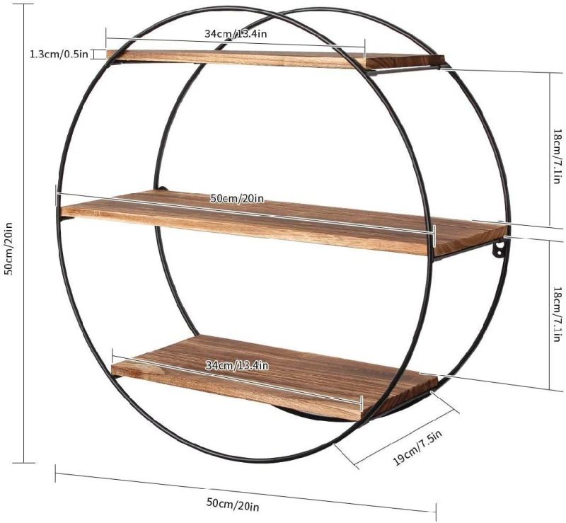 Floating Shelves, 3 Tier Geometric Round Wall Shelves Decorative Wood and Metal Hanging Shelf, Rustic Farmhouse Decor