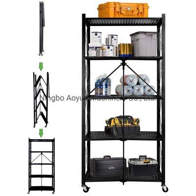 5 Tier Storage Shelves for Kitchen Foldable Storage Shelf Rack, No Assembly Storage Shelving on Wheels