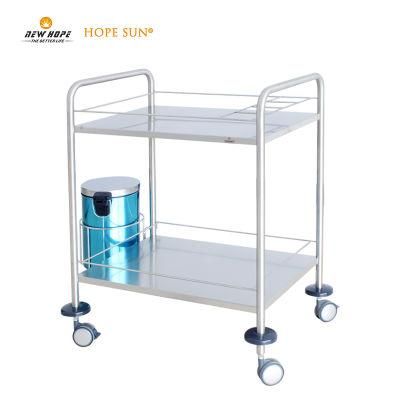 HS6153b Stainless Steel Double Shelf Medical Instrument Trolley Cart with a Dustbin