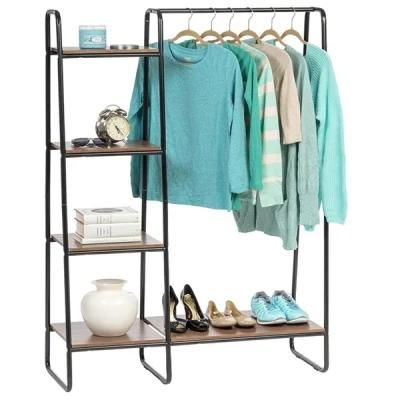 Metal Standing Garment Clothing Rack with Bottom Wooden Shelf