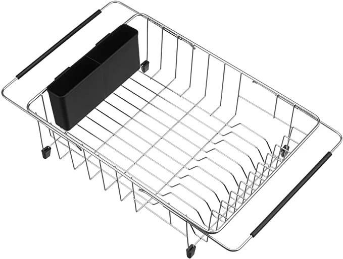 Expandable Deep & Large Dish Drying Rack, Over The Sink, in Sink or on Counter Dish Drainer with Black Removable Utensil Silverware Holder, Rustproof Stainless