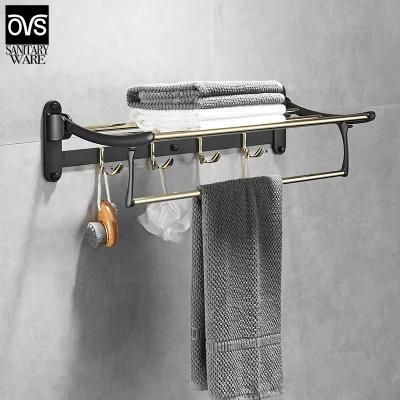 Nail Free Foldable Brass Bath Towel Rack Active Bathroom Towel Holder Shelf with Hooks Bathroom Accessories