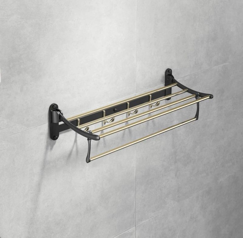 Nail Free Foldable Brass Bath Towel Rack Active Bathroom Towel Holder Shelf with Hooks Bathroom Accessories