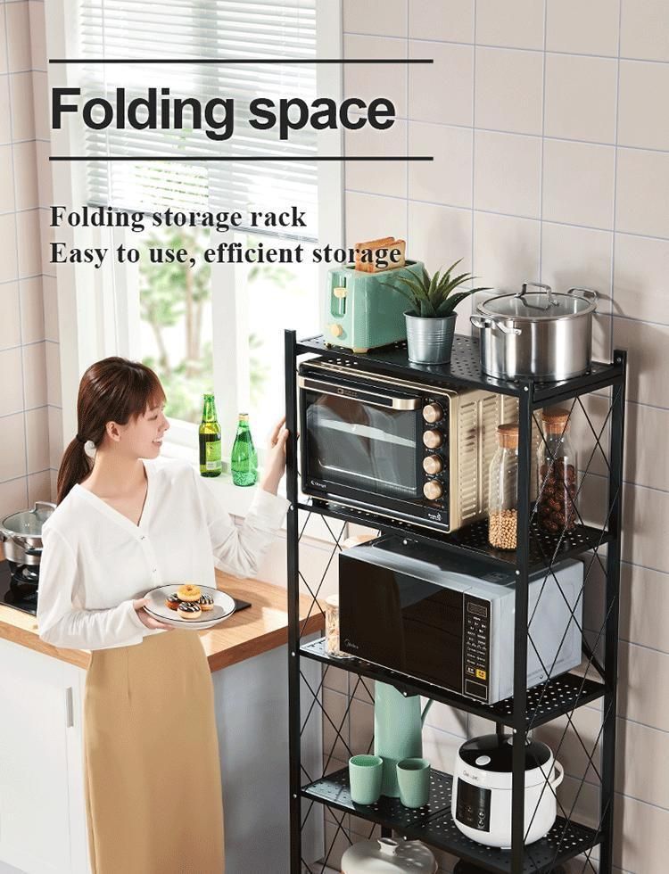 5-Tier Mobile Iron Foldable Kitchen Standing Shelving Unit Shelves Metal Storage Folding Pantry Rack with Wheels