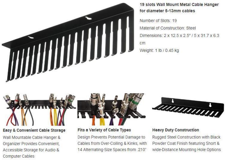 Wall Mountable Cable Hanger and Organizer with 19 Cable Slots