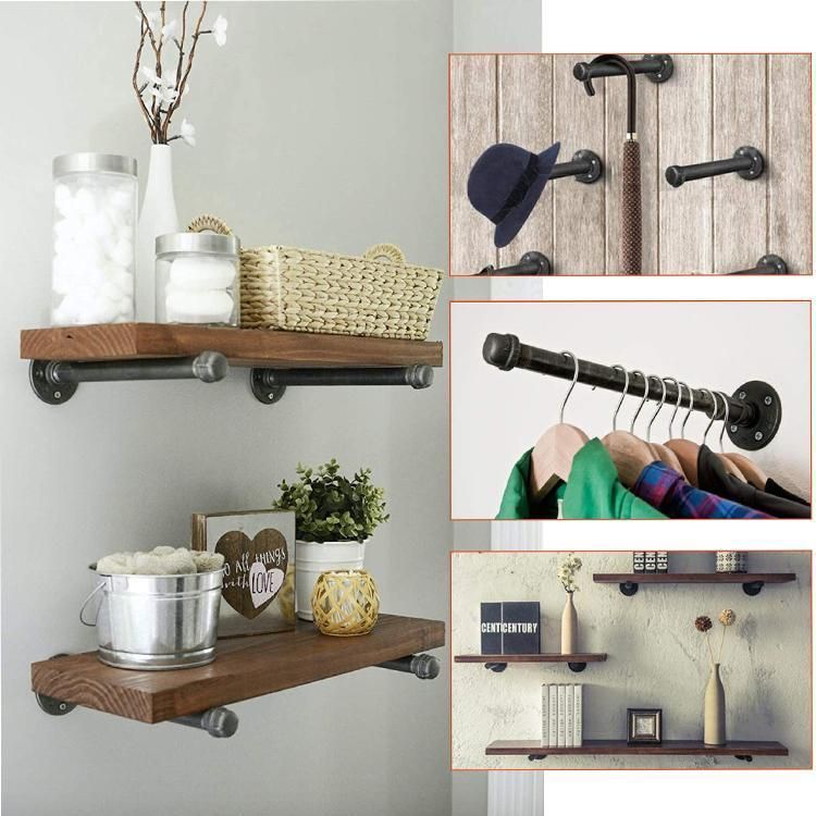 Industrial Black Iron Pipe Floating Shelf Bracket 8 Inch Set of 6, Heavy Duty Wall Mounted DIY Shelving Brackets Hanging Custom Pipe Brackets