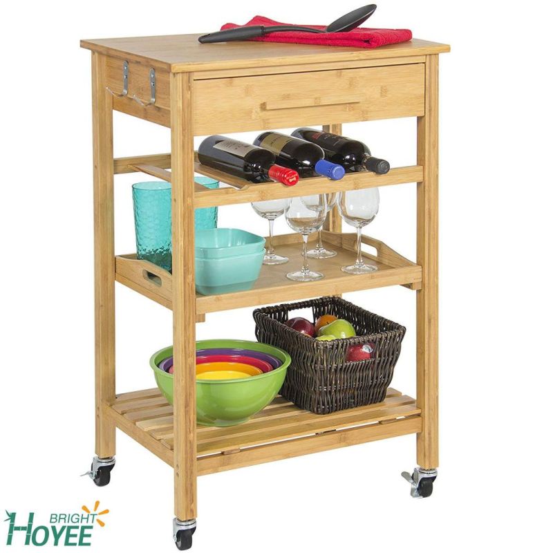 Rolling Wood Kitchen Storage Cart Rack with Drawer Shelves Wine Rack