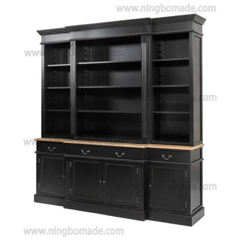 Antique Nordic Classic Furniture Natural and Black Solid Wood Four Doors Four Drawers Upper and Lower Bookcase