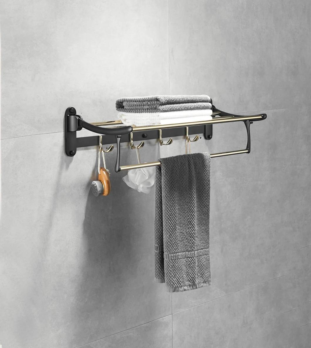 Nail Free Foldable Brass Bath Towel Rack Active Bathroom Towel Holder Shelf with Hooks Bathroom Accessories