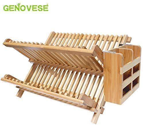 Bamboo Dish Drying Rack with Utensil Flatware Holder, 2-Tier Folding and Compact Drainer Kitchen (1 Utensil Holder) 18 Slots