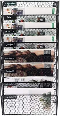 8 Pockets Wall File Holder Wall Mounted Mail Organizer Metal Chicken Wire Hanging Maganize Rack, Black