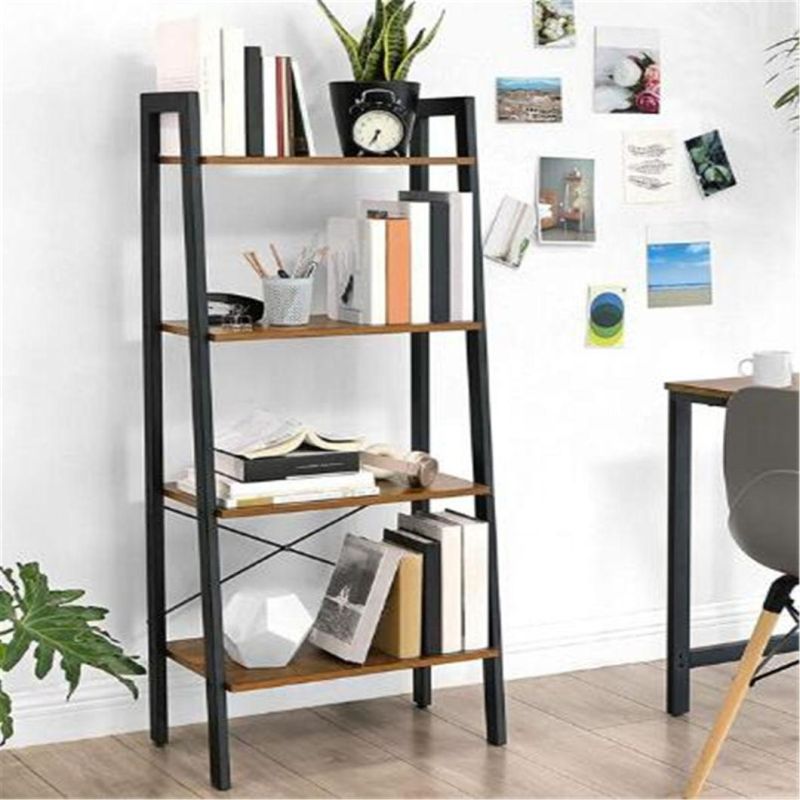 4 Tier Wooden Ladder Bookshelf Metal Frame Industrial Bookshelf Display Rack