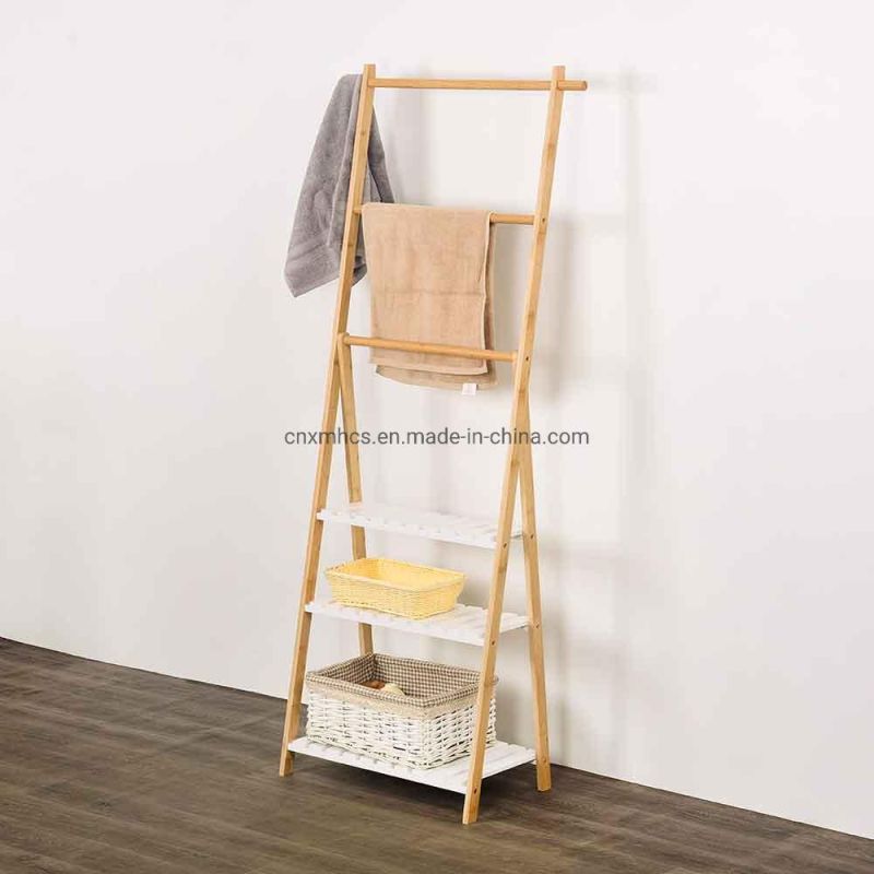 Wholesale Foldable Bamboo Free-Standing Towel Rack, Bathroom Shelf, Bamboo Blanket Ladder with 3 Shelves 3 Rails, Wooden Towel Holder