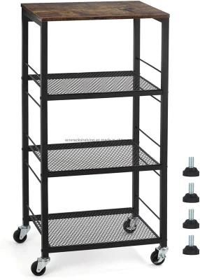 Baker Rack with Wheels, 4-Tier Floor Standing Storage Utility Display Kitchen Wire Wood Shelf Shelving (Dark Brown)