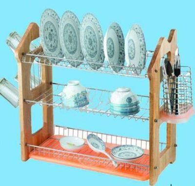 3 Layers Kitchen Metal Wire Dish Drainer Rack Wooden Board