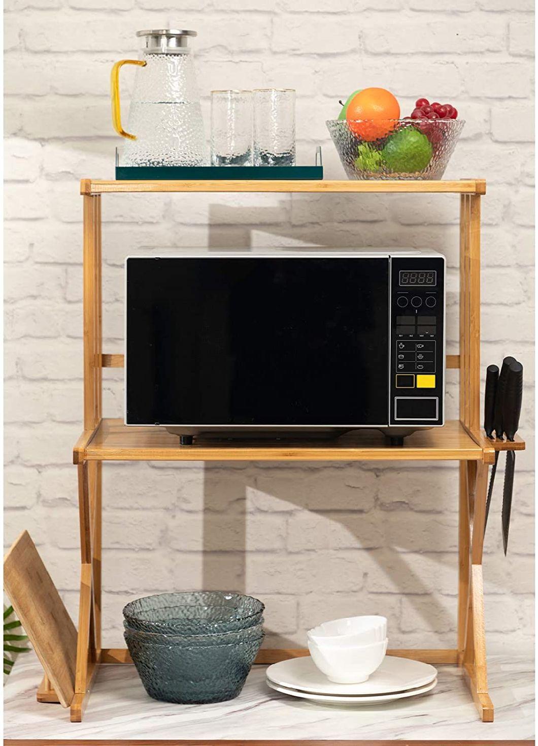 3-Tier Bamboo Microwave Oven and Spice Bottle Rack, Cookware Organizer for Kitchen Cabinet and Storeroom