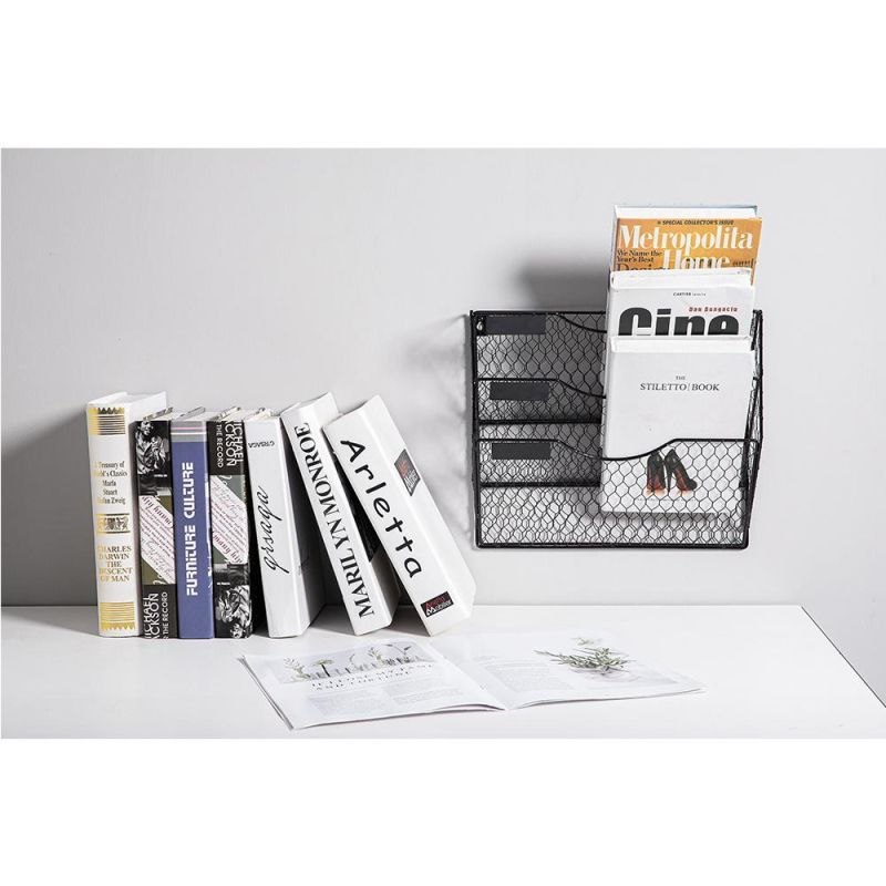 Pag 3 Pockets Hanging File Holder Wall Mount Mail Organizer Metal Chicken Wire Magazine Rack with Tag Slot, Black