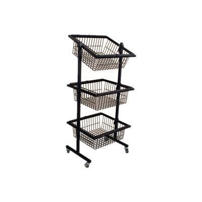 Three Layers Four Wheels Movable Supermarket Shop Basket Display Rack Double Columns