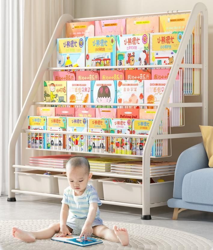 Bookshelf Picture Book Rack Toy Children Storage Rack Wrought Iron Simple Floor-to-Ceiling Small Bookcase Baby Rack